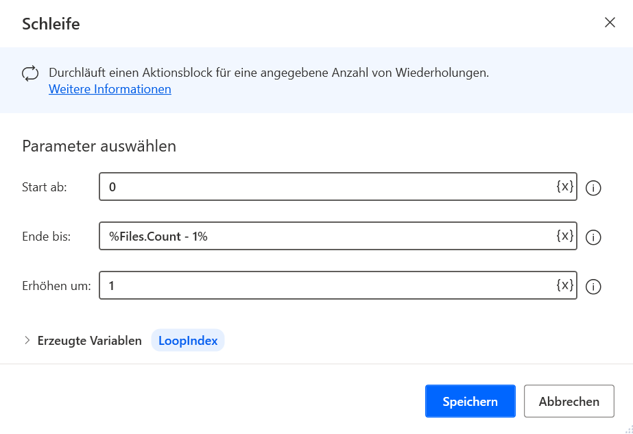 Screenshot des Dialogfelds der Schleifenaktionseigenschaften
