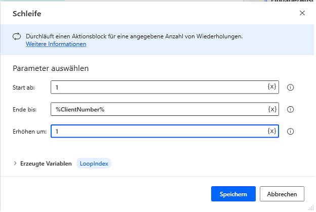 Screenshot des Dialogfelds mit den Eigenschaften der Schleifenaktion