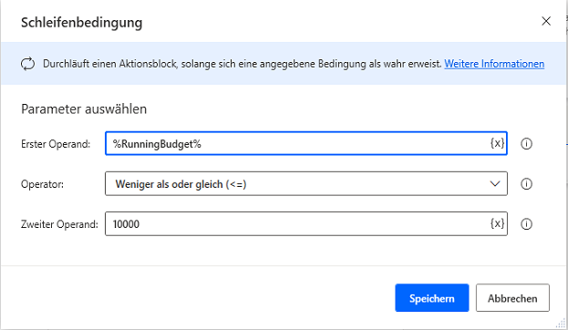 Screenshot des Dialogfelds mit den Aktionseigenschaften der Schleifenbedingung