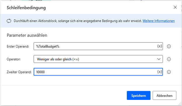 Screenshot des Dialogfelds mit den Aktionseigenschaften der Schleifenbedingung