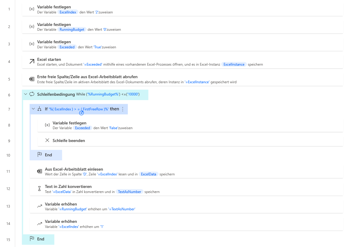 Screenshot des Beispiels für den Arbeitsbereich „If-Loopbedingung“