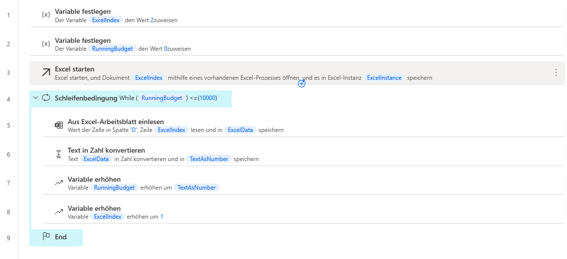 Screenshot des Beispiels für den Arbeitsbereich „Schleifenbedingung“
