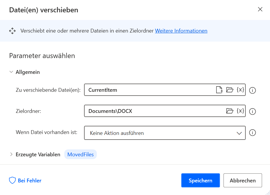 Screenshot der Aktion „Datei(en) verschieben“, mit der die DOCX-Dateien verschoben werden.
