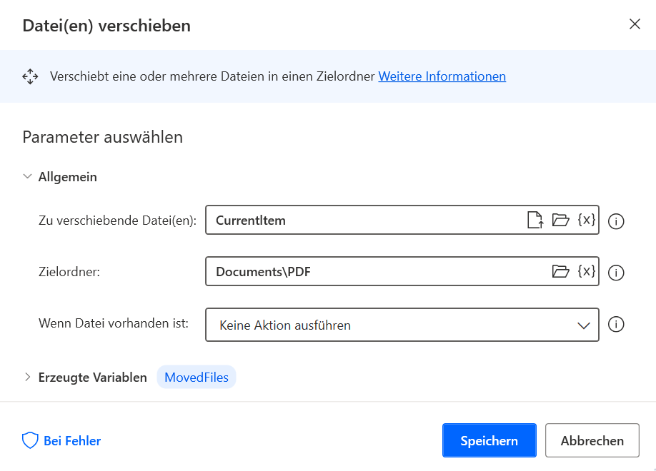 Screenshot der Aktion „Datei(en) verschieben“, mit der die PDF-Dateien verschoben werden.