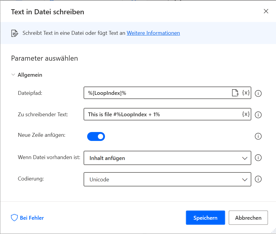 Screenshot des Dialogfelds mit Aktionseigenschaften „Text in Datei schreiben“
