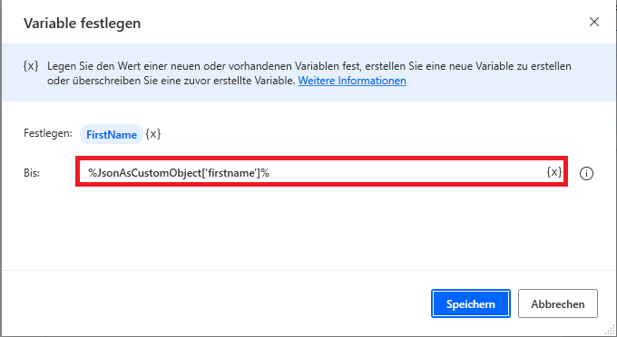 Screenshot der Notation für den Zugriff auf ein JSON-Element.