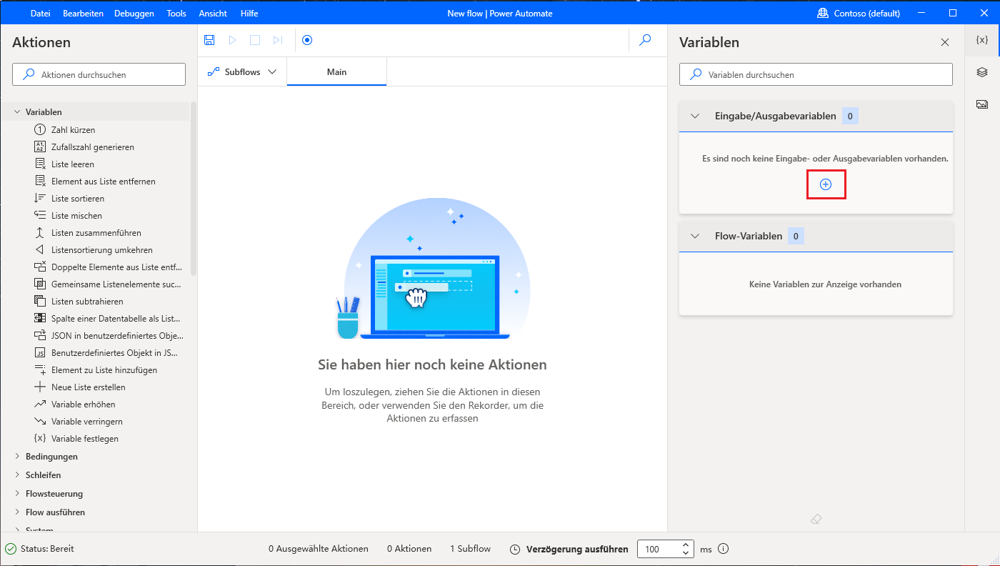 Screenshot der Schaltfläche zum Hinzufügen einer neuen Eingabe‑ oder Ausgabevariable