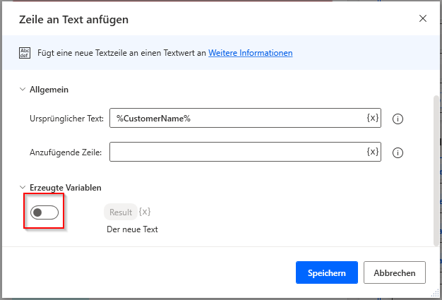 Screenshot der Option zum Deaktivieren einer erzeugten Variablen