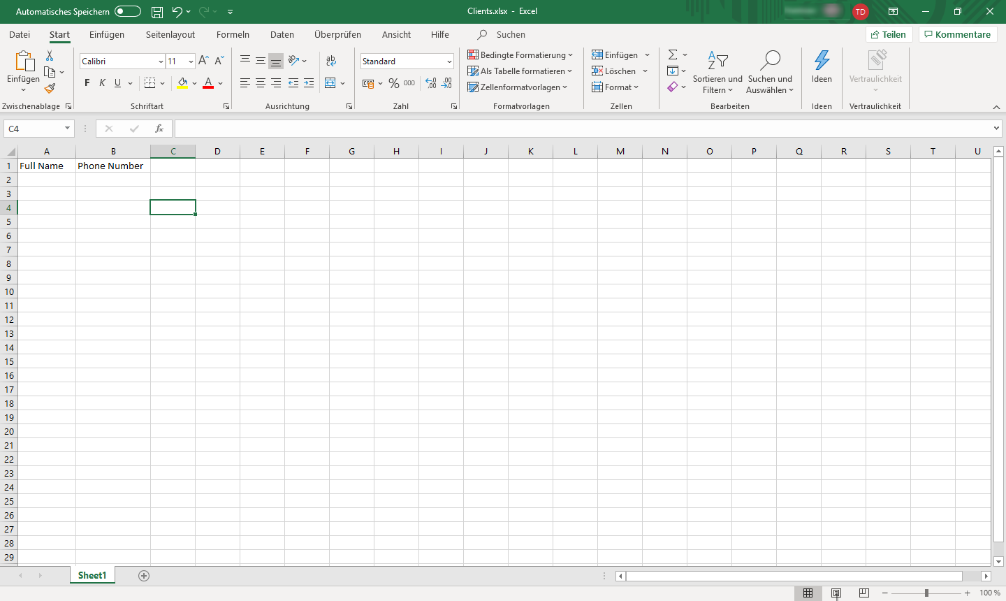 Screenshot der Struktur der Excel file.