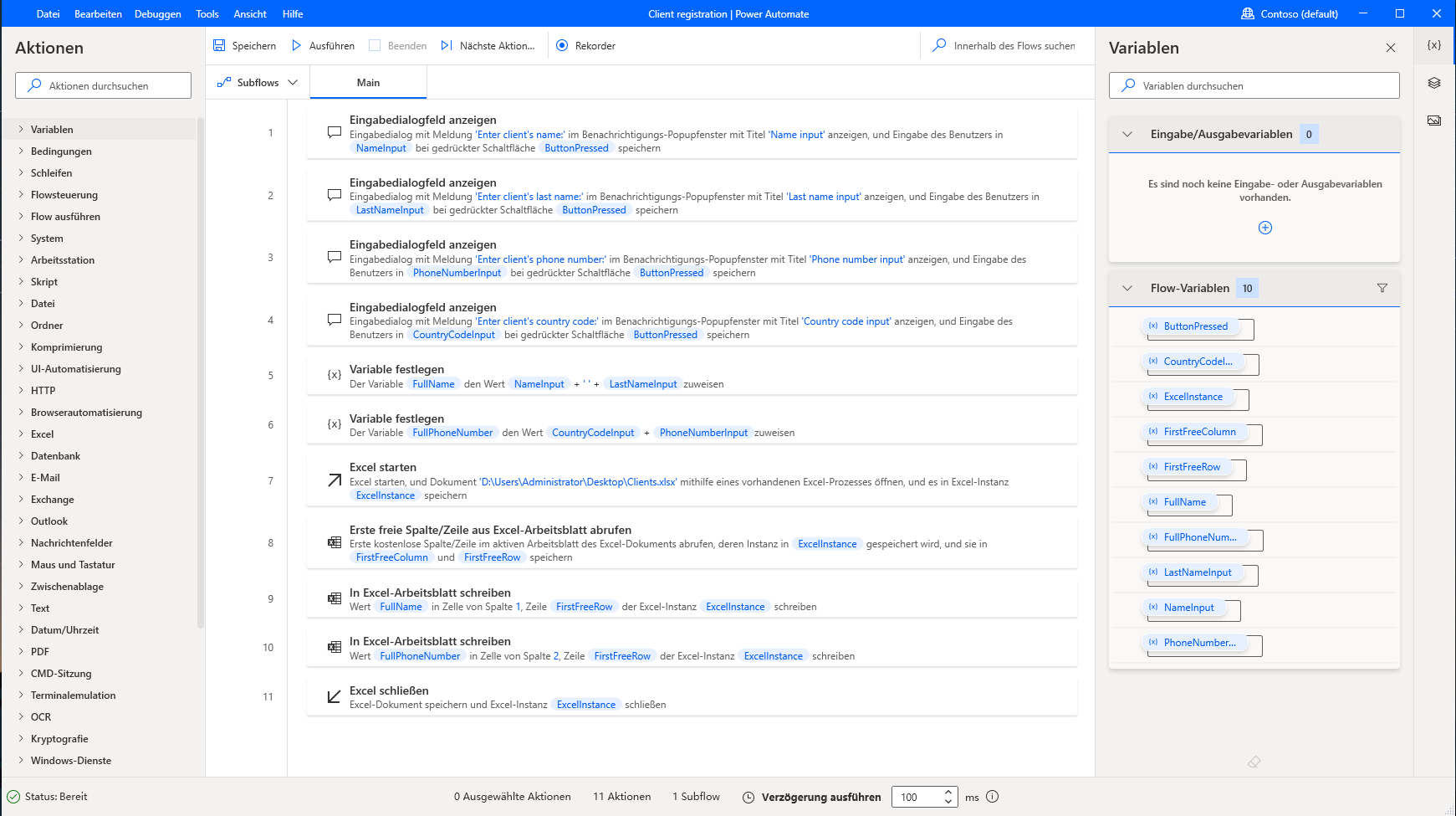 Screenshot des endgültigen Flows und der Namenseingabe