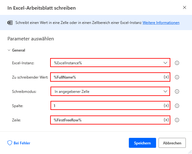Screenshot der ersten Aktion zum Schreiben in ein Excel-Arbeitsblatt.