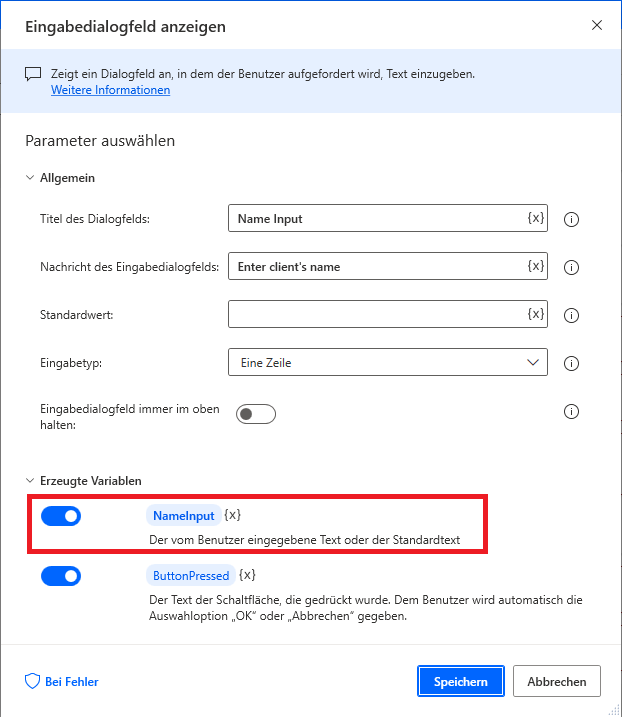 Screenshot der umbenannten erzeugten Variable in der Aktion „Eingabedialog anzeigen“