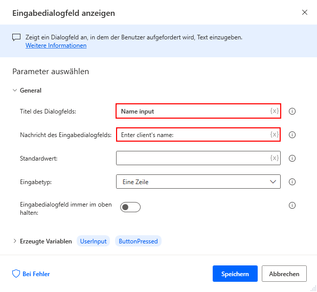 Screenshot der Aktion „Eingabedialog anzeigen“