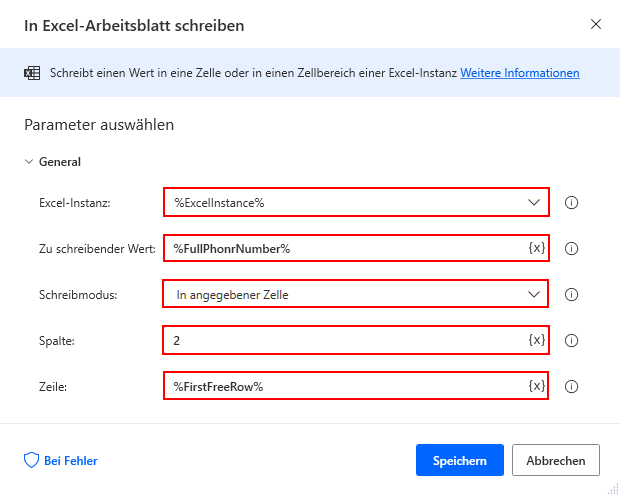 Screenshot der zweiten Aktion 'In Excel-Arbeitsblatt schreiben'.