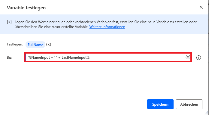 Screenshot zur Aktion „Variable festlegen“, die den vollständigen Namen enthält