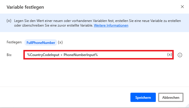 Screenshot der Aktion „Variable festlegen“, die die vollständige Telefonnummer enthält