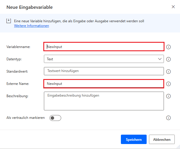 Screenshot der Felder „Variablenname“ und „Externer Name“ im Dialogfeld „Neue Eingabevariable hinzufügen“