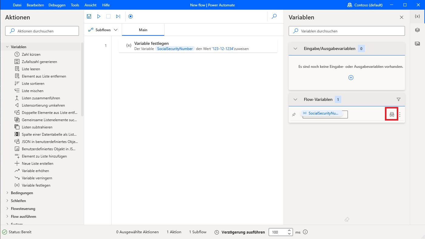 Screenshot des Symbols „Als vertraulich markieren“ im Flow-Designer
