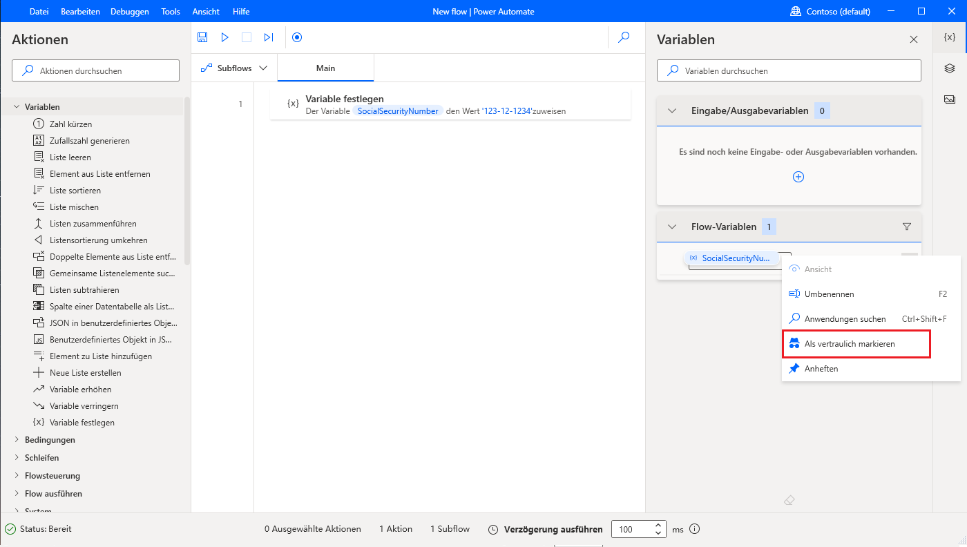 Screenshot der Option „Als vertraulich markieren“ im Flow-Designer