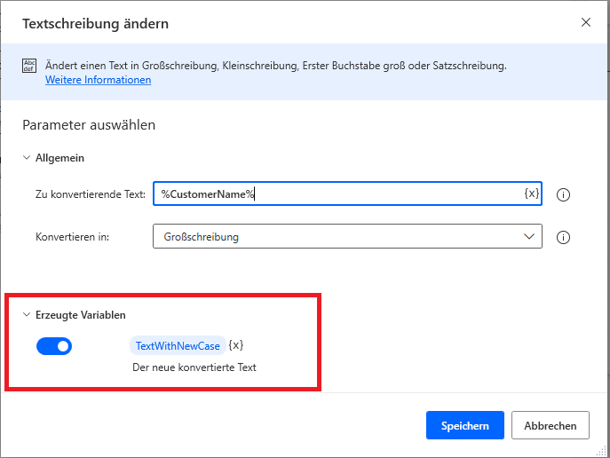 Screenshot der erzeugten Variable der Aktion „Textfall ändern“