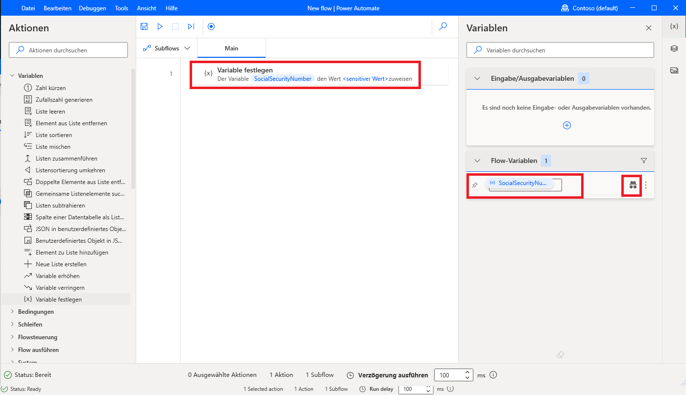 Screenshot einer vertraulichen Variablen im Arbeitsbereich.