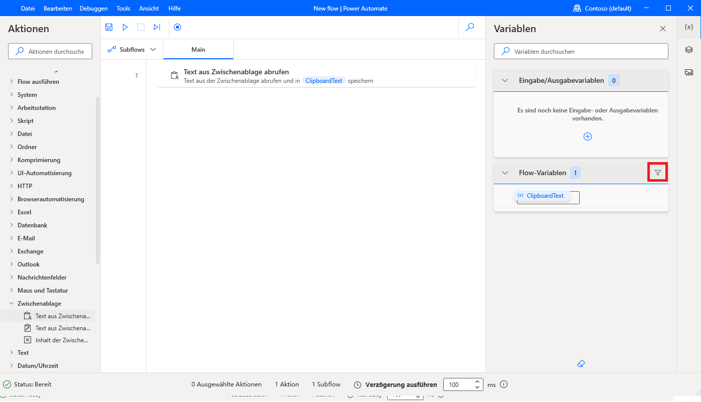 Screenshot der Schaltfläche „Filter“ im Variablenbereich