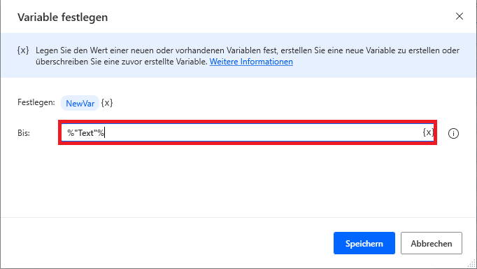 Screenshot einer hartcodierten Textvariablen als Aktionsparameter.
