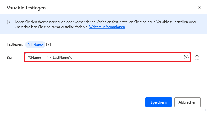 Screenshot eines Ausdrucks mit zwei Variablennamen