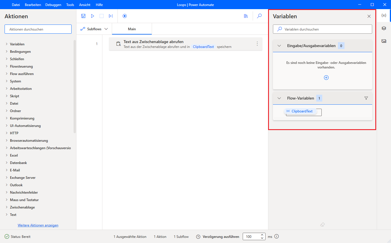 Screenshot des Bereichs Power Automate Desktop-App-Variablen.