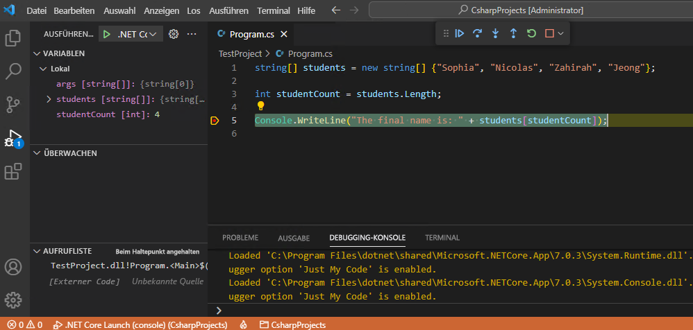 Screenshot der Visual Studio Code-Debuggertools.