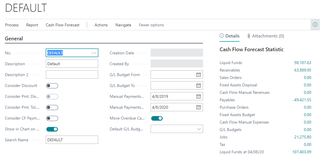 Screenshot der Cashflow-Standardeinstellungen