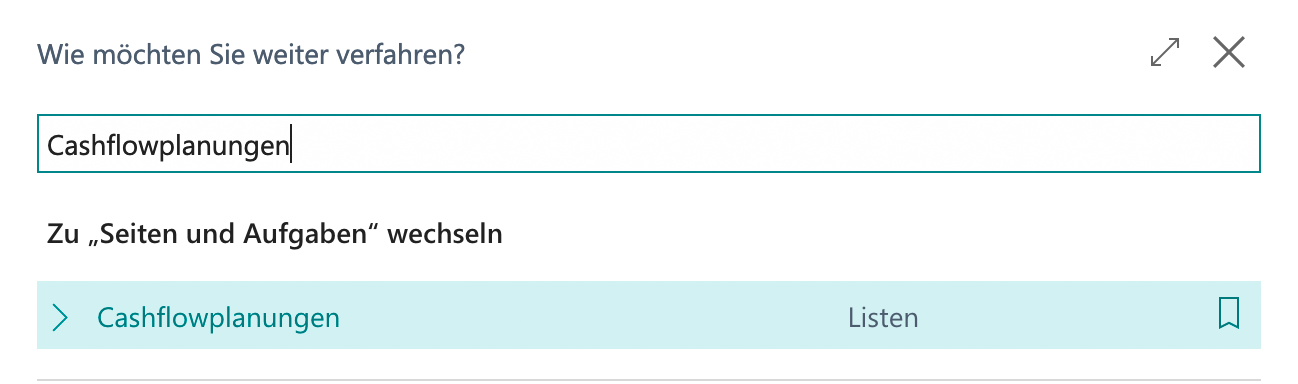 Screenshot zu den Ergebnissen der Cashflow-Einrichtung aus der Suche „Was möchten Sie tun?“