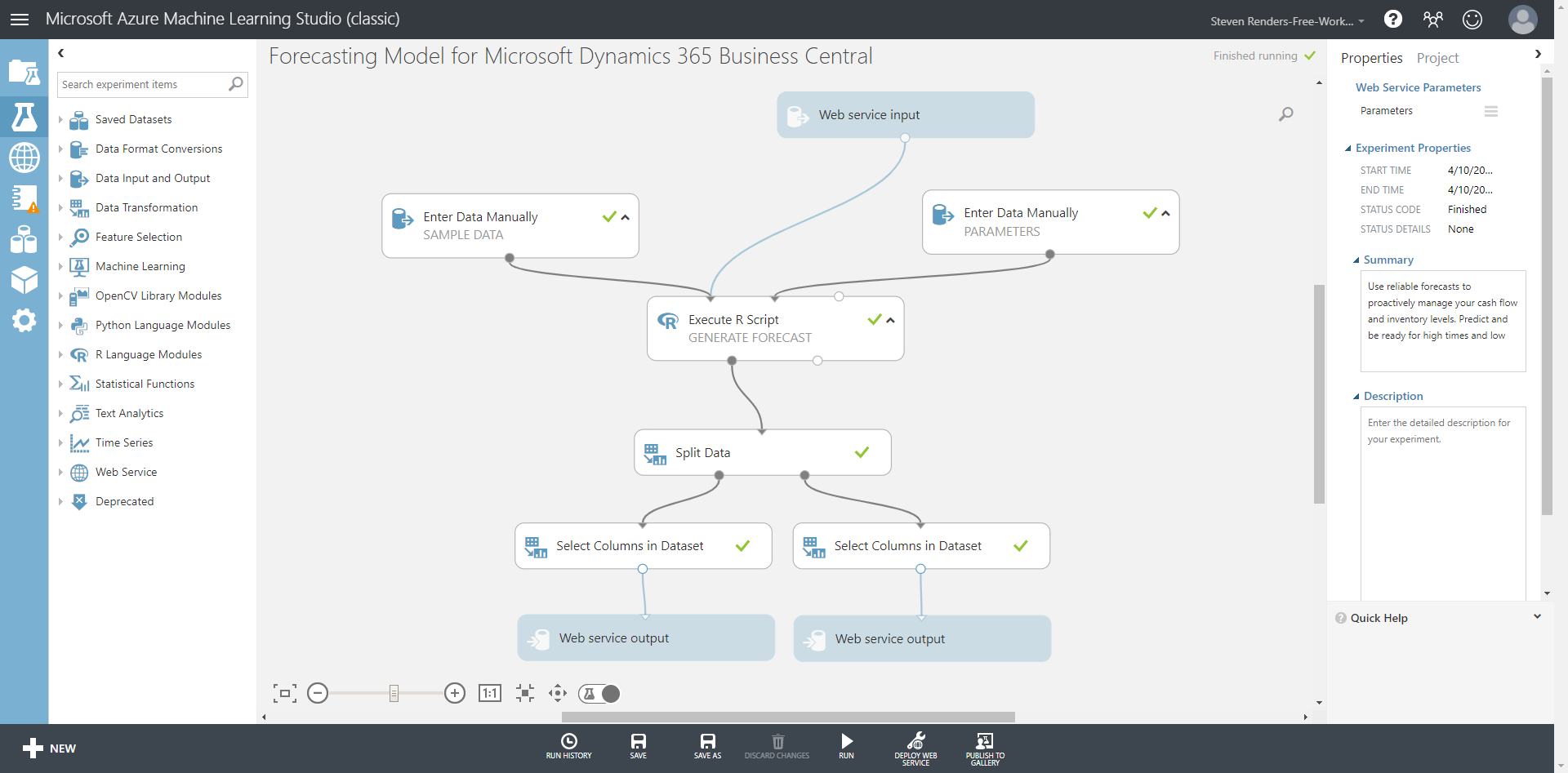 Screenshot des Planungsmodells für Azure Machine Learning Studio
