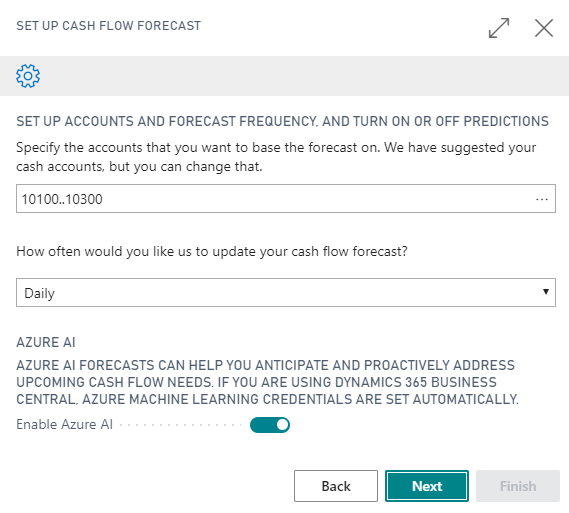 Screenshot des Fensters zum Einrichten von Konten, Planungshäufigkeit und Vorhersagen