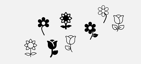 Abbildung einer Sammlung von Blumen mit unterschiedlicher Anzahl von Blüten und Blättern.