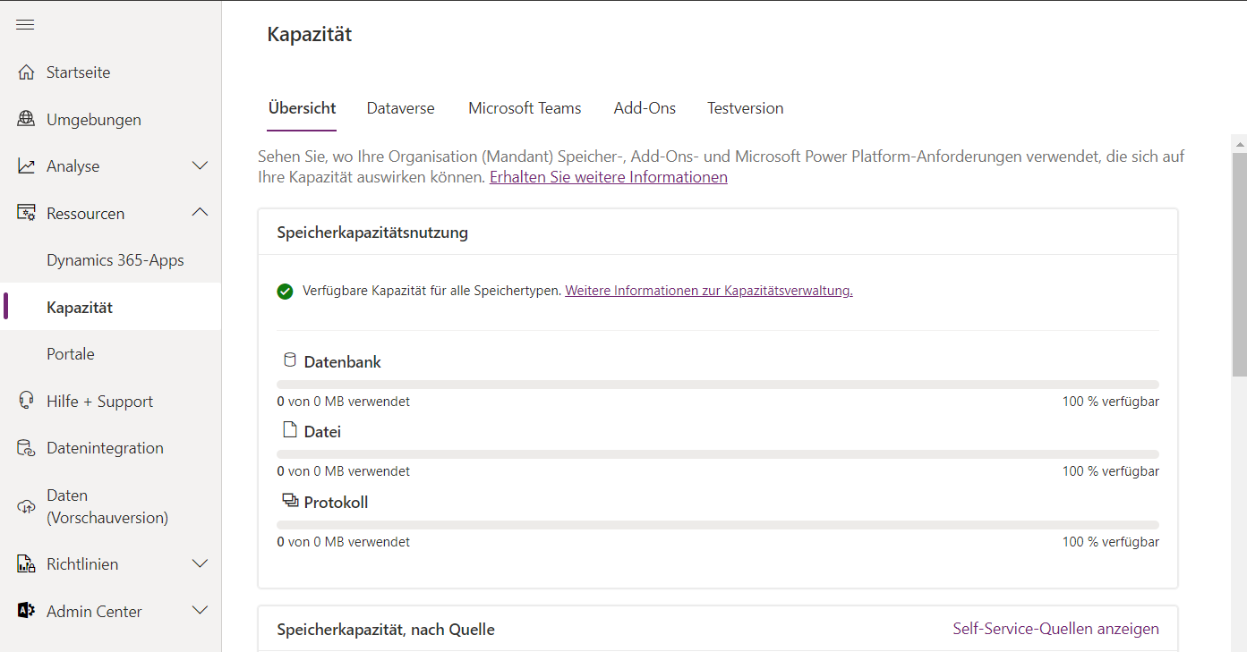 Screenshot der Zusammenfassung der Speicherkapazität in Dataverse.
