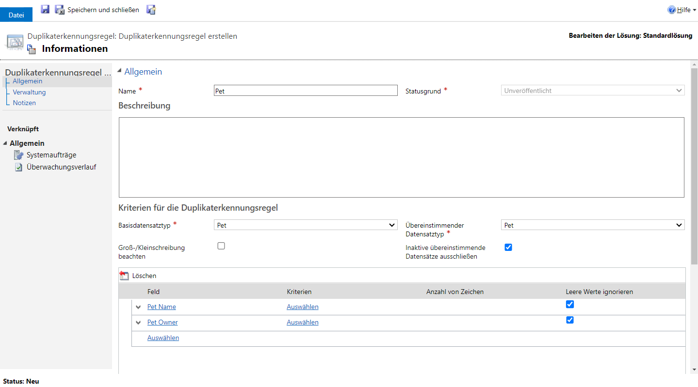 Screenshot der Regel für die Duplikaterkennung