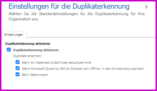 Screenshot der Duplikaterkennungseinstellungen