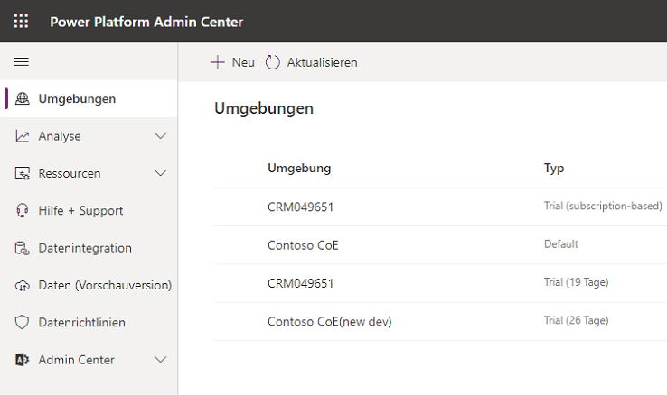Microsoft Power Platform Admin Center auf der Registerkarte „Umgebungen“ mit der Standardumgebung