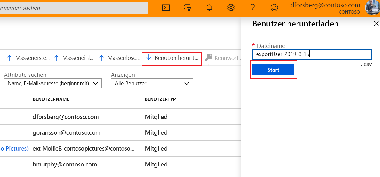 Das Azure-Portal zeigt die Schaltfläche zum Herunterladen der CSV-Datei von Benutzern an.