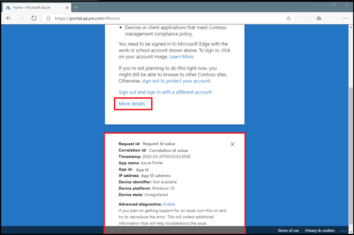 Screenshot: Weitere Informationen zu einer unterbrochenen Webbrowseranmeldung bei bedingtem Zugriff.