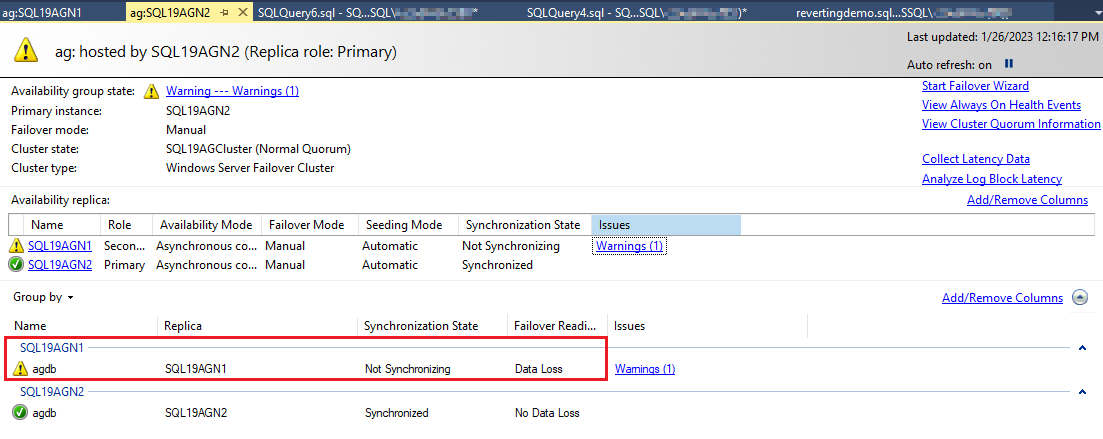Screenshot der Always On-Dashboardberichterstattung, die nicht auf der primären Seite synchronisiert wird.