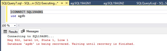 Screenshot zeigt, dass schreibgeschützte Und Berichtsarbeitslasten nicht auf die sekundäre Datenbank mit Fehler 922 zugreifen können.