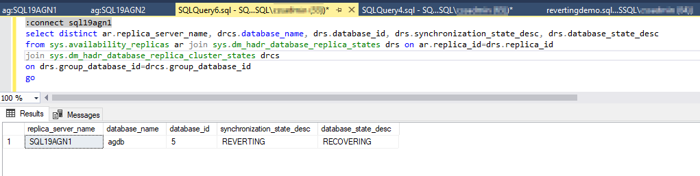 Screenshot von Always On DMVs reporting REVERTING on the secondary.