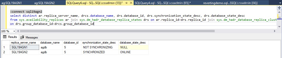 Screenshot von Always On DMVs reporting NOT SYNCHRONIZING on the primary.