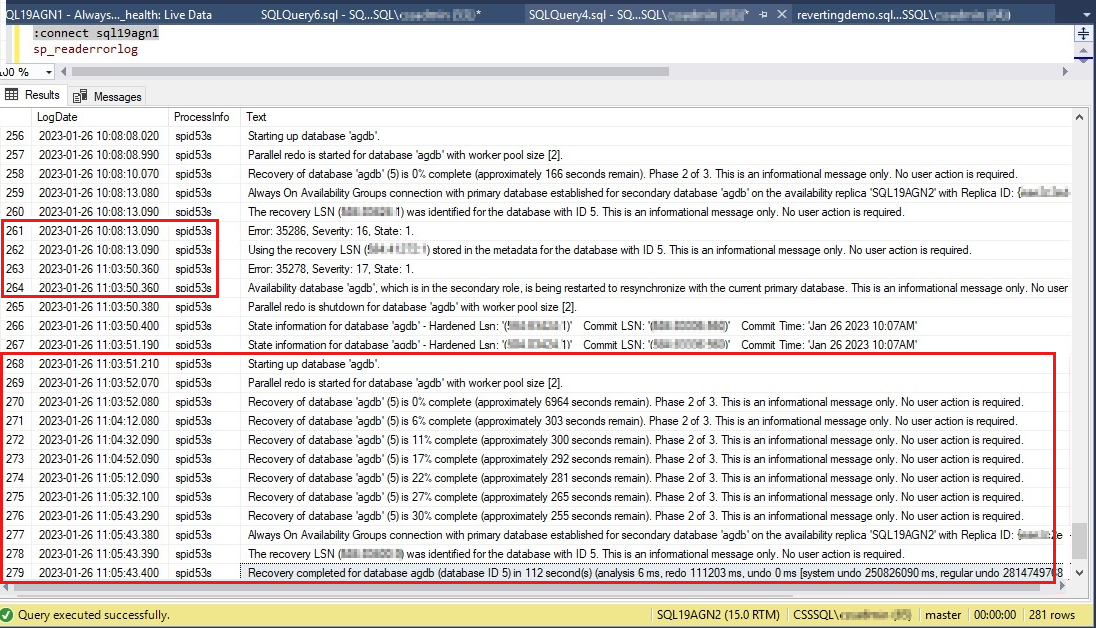 Screenshot des SQL Server-Fehlerprotokolls für die Wiederherstellungs- und Wiederherstellungsphase.
