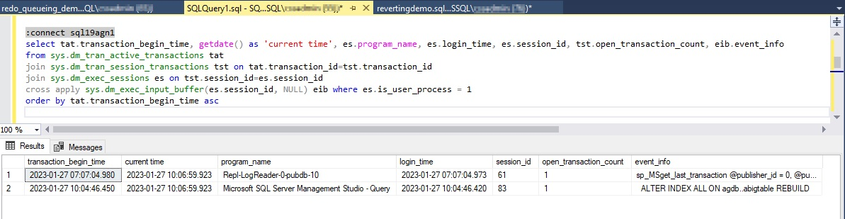 Der Screenshot zeigt die Anfangszeit und die aktuelle Uhrzeit aller geöffneten Transaktionen.
