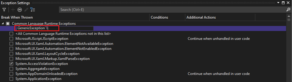Screenshot der Funktion 'Generische Ausnahme hinzufügen'.