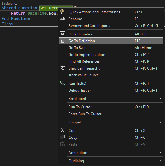 Screenshot, das die Funktion 'Gehe zu Definition' in Visual Studio 2022 zeigt.