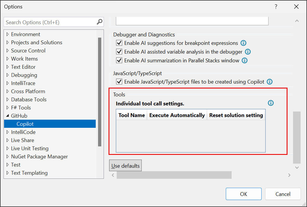 Screenshot der GitHub Copilot-Toolaufrufeinstellungen.